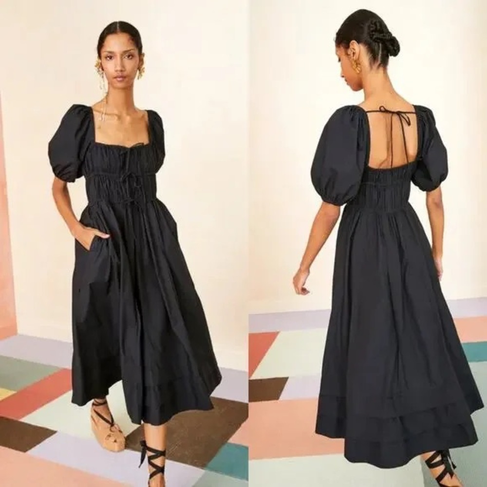 Ulla Johnson Palma Dress Black Puff-Sleeve Midi Dress with Square Neck Line